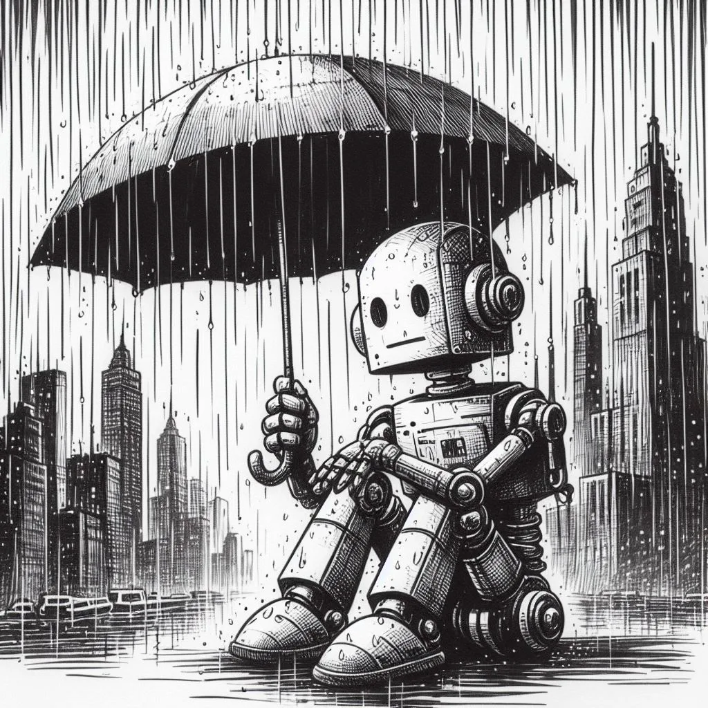 robot holding an umbrella in the rain, ink drawing